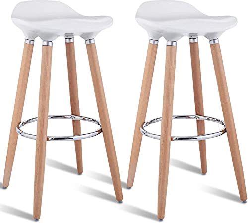 COSTWAY Bar Stools Set of 2, Modern Comfortable Barstools, Counter Height Bistro Pub Backless Armless Barstools Bar Height with Wooden Legs for Home Kitchen Dinning Room, White