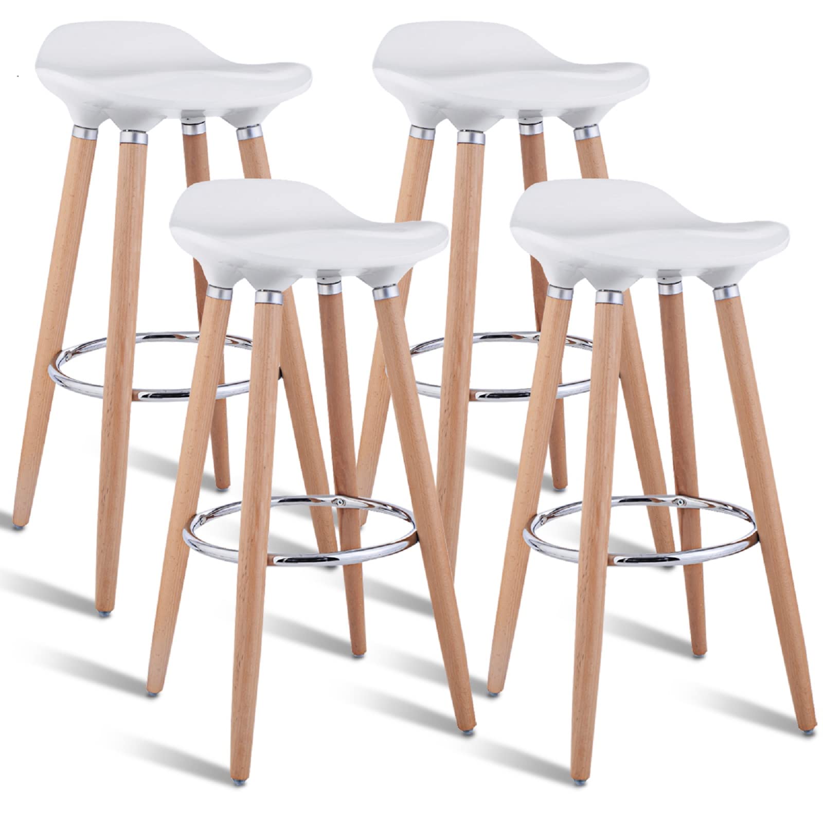 COSTWAY Bar Stools Set of 4, Modern Comfortable Barstools, Counter Height Bistro Pub Backless Armless Barstools Bar Height with Wooden Legs for Home Kitchen Dining Room, White