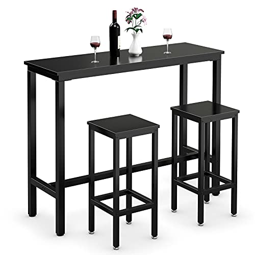 COSTWAY 3-Piece Bar Table Set, 39.5Ó Bar Table with 2PC 28Ó Bar Stools, Pub Height Dinning Table Set with Counter Height Backless Stools, Breakfast Table Set for Apartment/Bistro/Pub (Black)