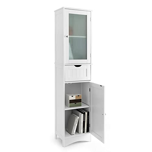 COSTWAY 67Ó Tall Bathroom Storage Cabinet, Freestanding Tall Floor Cabinet with 2 Doors & 1 Drawer, 3-Level Adjustable Shelves, Narrow Slim Linen Tower for Bathroom, Living Room, Kitchen (White)