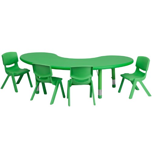 Flash Furniture 35''W x 65''L Half-Moon Green Plastic Height Adjustable Activity Table Set with 4 Chairs