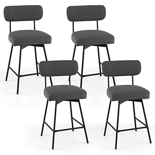 COSTWAY Bar Stools Set of 4, 25Ó Upholstered Counter Height Bar Stools with Back, 360¡ Swivel Dining Chairs with Heavy-Duty Metal Legs and Footrests, for Kitchen Island, Dining Room, Bar (4, Grey)