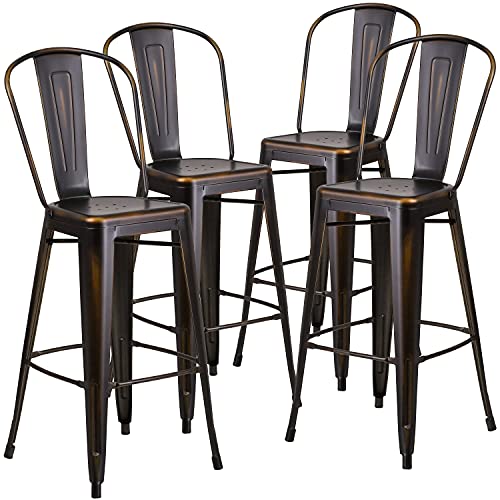 Flash Furniture Blake Commercial Grade 4 Pack 30" High Distressed Copper Metal Indoor-Outdoor Barstool with Back