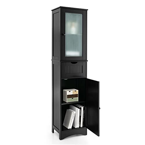 COSTWAY 67Ó Tall Bathroom Storage Cabinet, Freestanding Tall Floor Cabinet with 2 Doors & 1 Drawer, 3-Level Adjustable Shelves, Narrow Slim Linen Tower for Bathroom, Living Room, Kitchen (Black)