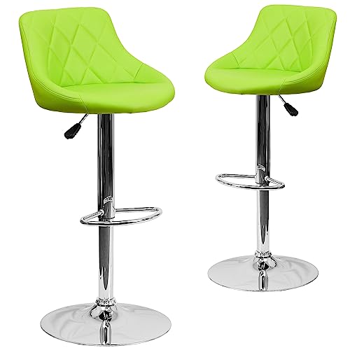 Flash Furniture Caldwell 2 Pk. Contemporary Green Vinyl Bucket Seat Adjustable Height Barstool with Diamond Pattern Back and Chrome Base