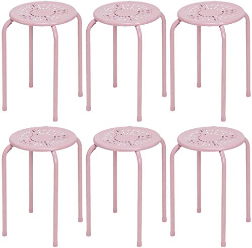 COSTWAY 6-Pack Stackable Daisy Design Metal School Stools, 11.6-InchÊBackless Round Top Classroom Nesting Chair, School StoolsÊfor Dinning Kitchen Home Garden Outdoor, Pink