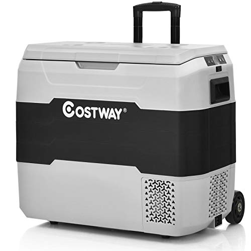 COSTWAY Car Refrigerator with Wheels, 42-Quart Dual-zone Electric Cooler with Telescopic Handle, 12V/24V DC, 100-240V AC, -4¡F To 50¡F, Portable Fridge Freezer for RV Camping Travel Home, Grey+Black