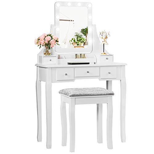 COSTWAY Vanity Table Set with Lights, with 10 LED Bulbs, 360¡ Swivel Mirror, 5 Drawers, 3 Compartments, Non-Slip Foot Pads, Adjustable Brightness, Makeup Table & Cushioned Stool Set (White)