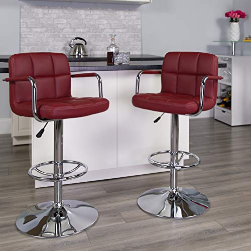 Flash Furniture Genna 2 Pack Contemporary Burgundy Quilted Vinyl Adjustable Height Barstool with Arms and Chrome Base