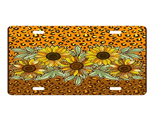 Vanity Decorative Aluminum Front License Plate (Orange Leopard Print Sunflowers)