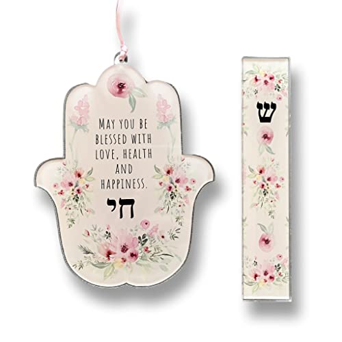 Hamsa and Mezuzah Gift Sets, Jewish Gift for Baby Naming, Bris, Birthday (Pink Flower Blessing, Add Kosher Scroll)