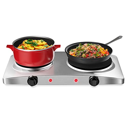 COSTWAY Double Cast Iron Burner, Countertop Powerful Stainless Steel Double Hot Plate Stove with Adjustable Temperature Control, Easy To Clean, Electric Kitchen Cooktop, 1800W