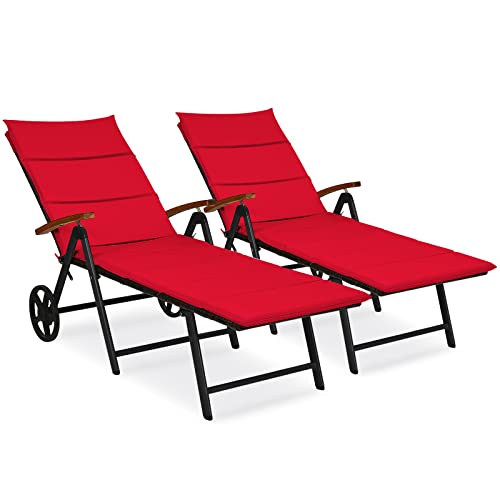 COSTWAY 2 PCS Folding Patio Rattan Lounge Chair Cushioned Aluminum w/Wheel Red