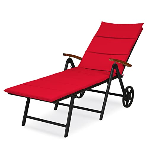 COSTWAY Folding Patio Rattan Lounge Chair Cushioned Aluminum w/Wheel Red