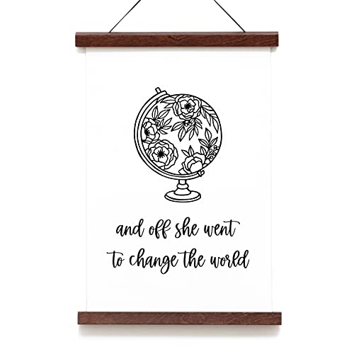 And Off She Went To Change The World Sign, Hanging Canvas Print Signs, Inspirational Wall Decor, Scroll Wall Art Canvas Sign With Poster Hanger Framed (And Off She Went - Walnut Frame)