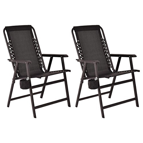 COSTWAY Set of Two Folding Outdoor Arm Chair Steel Frame W/Cup Holder Black