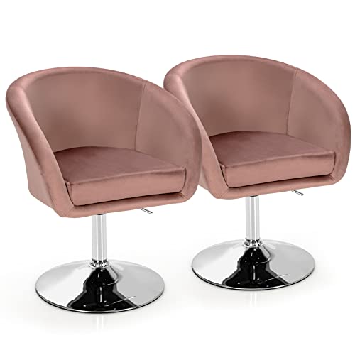 COSTWAY Vanity Chair Set of 2, Height Adjustable Modern Velvet Makeup Chair with Chrome Frame, Round-Back, Comfortable Swivel Accent Leisure Chair for Living Room, Bedroom (Pink)