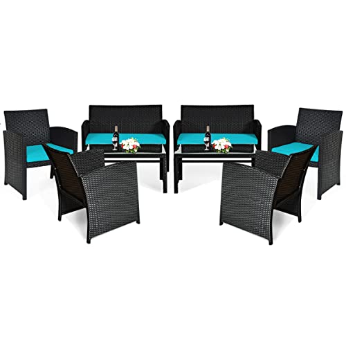 COSTWAY 8PCS Patio Rattan Furniture Conversation Set Cushion Sofa Table Garden Turquoise