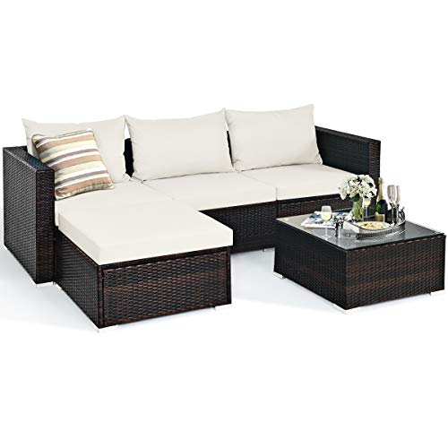 COSTWAY 5PCS Patio Rattan Furniture Set Sectional Conversation Sofa w/Table Off White