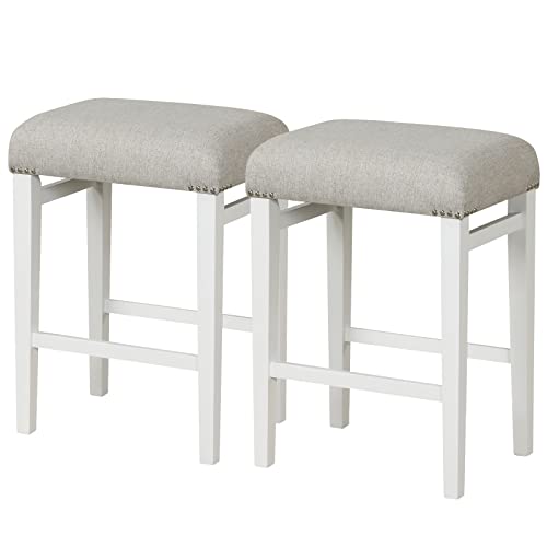 COSTWAY Bar Stools Set of 2, 24.5-inch Counter Height Backless Stools with Padded Seat Cushions, Natural Rubber Wood Legs, Comfortable Footrests, Nailhead Trim Decoration, Anti-Slip Pads, Grey+White