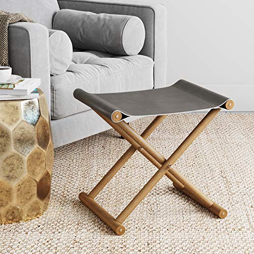 Nathan James 26002 Campaign Foot Stool, Ottoman Stool or Foldable Vanity Stool with a Solid Wood Accent Stool Frame and Soft Vegan Leather Seat, Gray