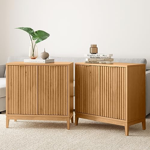 Nathan James Jasper Modern Fluted Front Wood Storage, Buffet, Sideboard, Free Standing Accent Cabinet for Hallway, Entryway or Living Room, Set of 2, Warm Pine