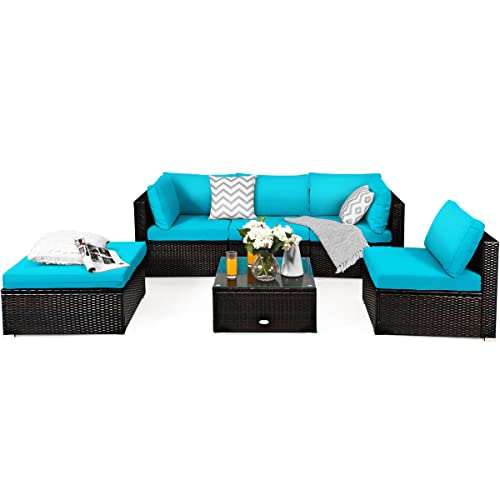 COSTWAY 6PCS Outdoor Patio Rattan Furniture Set Cushioned Sectional Sofa Turquoise