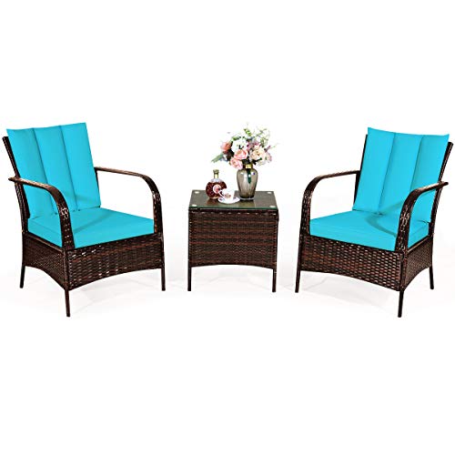 COSTWAY 3PCS Outdoor Rattan Conversation Set Patio Garden Cushioned Sofa Chair Turquoise