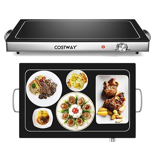 COSTWAY Electric Warming Trays for Food, Stainless Steel Hot Plate with Adjustable Temperature Control, Glass Top, Cool-Touch Handles, Family-Sized Food Warmer for Dinners, Buffets Parties (1)