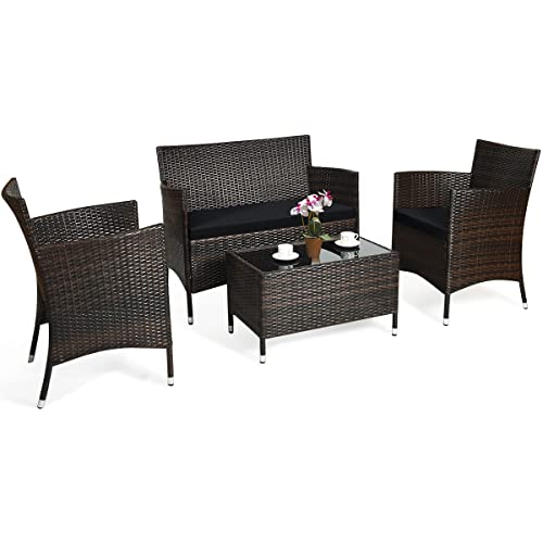 COSTWAY 4PCS Rattan Patio Furniture Set Cushioned Sofa Chair Coffee Table Black