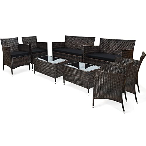 COSTWAY 8PCS Rattan Patio Furniture Set Cushioned Sofa Chair Coffee Table Black