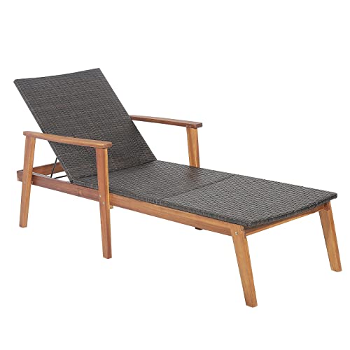 COSTWAY Patio Rattan Chaise Lounge Chair Recliner Back Adjustable Acacia Wood Garden