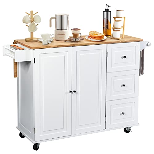 COSTWAY Kitchen Island Cart on Wheels, w/ 2-Door Cabinet, 3 Drawers & Towel/Spice Rack, Utility Cabinet w/Drop-Leaf Rubber Wood Top & Adjustable Shelves for Home Kitchen, Dinning Room (White)