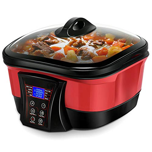 COSTWAY 8 in 1 Multi Cooker Programmable Multiple Cooking Options w/Non-stick Pot & LCD display, 5.3 Quart Slow Cooker (Red)