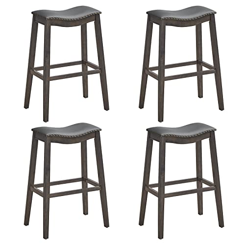 COSTWAY Counter Height Bar Stools Set of 4, 29-Inch Height Backless Saddle Stool with Rubber Wood Legs, Cushioned Seat and Footrest, PVC Leather Makeup Chair for Kitchen Island Dining Room, Grey