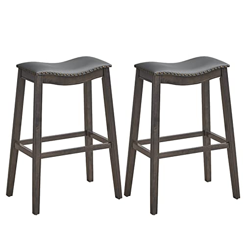 COSTWAY Counter Height Bar Stools Set of 2, 29-Inch Height Backless Saddle Stool with Rubber Wood Legs, Cushioned Seat and Footrest, PVC Leather Makeup Chair for Kitchen Island Dining Room, Grey