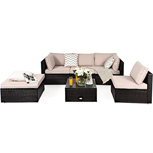 COSTWAY 6PCS Outdoor Patio Rattan Furniture Set Cushioned Sectional Sofa Beige