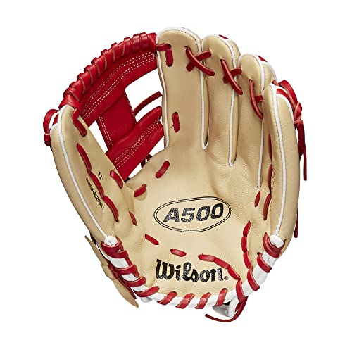 WILSON A500 11” Utility Youth Baseball Glove - Right Hand Throw, Blonde/Red/White