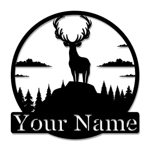 Custom Name Sign, Deer and Mountain Forest Metal Wall Art, Outdoor Decor Deer Hunting Metal Wall Hanging Decor, Personalized Gift for Family Friend Anniversary Wedding Gift