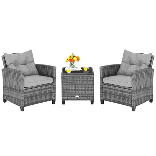 COSTWAY 3PCS Patio Rattan Furniture Set Cushioned Conversation Set Coffee Table Mix Grey