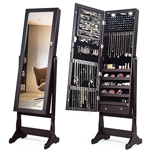 COSTWAY Standing Jewelry Cabinet Armoire, Large Storage Jewelry Organizer w/Full Length Mirror, 4 Adjustable Angles & 2 LED Lights, Lockable Mirror Jewelry Cabinet for Living Room, Bedroom, Brown