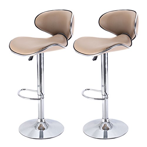 COSTWAY Curved Seat Adjustable Bar Stools Leather Modern Hydraulic Swivel Dinning Chair Bar Stool-Set of 2 (Camel)