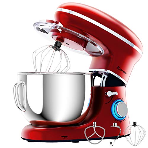 COSTWAY Stand Mixer, 660W Electric Kitchen Food Mixer with 6-Speed Control, 6.3-Quart Stainless Steel Bowl, Dough Hook, Beater, Whisk (Red-update)