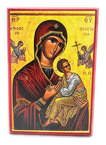 Wooden Greek Orthodox Christian Icon Theotokos Fovera Prostasia (Formidable Protection) (9" x 13")