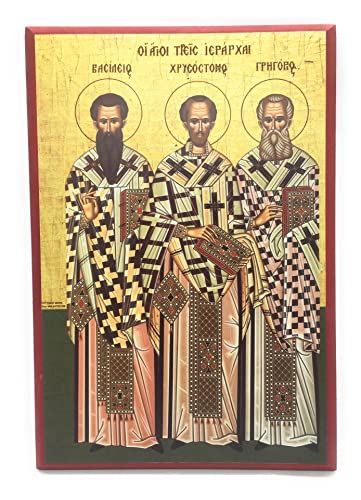 Wooden Greek Orthodox Christian Icon Three Hierarchs St.John Chrysostom St.Gregory The Theologian St.Basil (13" x 19")