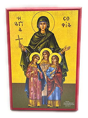 Wooden Greek Orthodox Christian Icon Martys Saint Sophia and Children Saints Faith, Hope, Love (9" x 13")