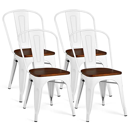 COSTWAY Tolix Style Dining Chairs Industrial Metal Stackable Cafe Side Chair w/Wood Seat Set of 4 (White and Brown)