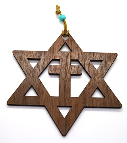 Star of David with the cross walnut or Basswood wooden cutout ornament wall art 5" Messianic Jewish gift (Beige)