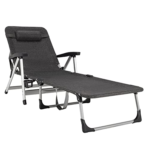 COSTWAY Beach Chaise Lounge Chair Patio Folding Recliner w/ 7 Adjustable Positions Grey