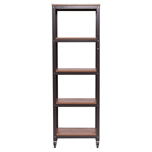 COSTWAY 5 Tier Rolling Bookcase Rustic Industrial Wood Metal Storage Display Organizer